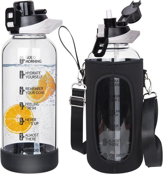 Seekua Glazen waterfles van 1,5 l met rietje en tijdmarkeringen, 1,5 Seekua Glazen waterfles van 1,5 l met rietje en tijdmarkeringen, 1,5