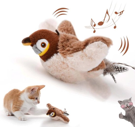 Kattenspeelgoed - Oplaadbaar - Flappy vogel kattenspeeltje - Pluche Kitten Sportspeelgoed - Flappy speelgoed met automatisch flapperende vleugels - Mus Bruine