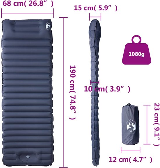 vidaXL - Kampeermatras - met - kussen - zelfopblazend - 1-persoons - grijs van Merkloos — afbeelding 5