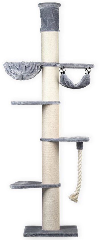 RHRQuality Krabpaal voor grote katten - Maine Coon Tower Crown – 280 tot 300 cm Hoog – Met Extra Dikke 20 cm Sisalpalen – Lichtgrijs