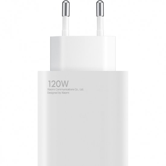 Chargeur blanc 120W avec le texte 'Xiaomi Communications Co., Ltd. Designed by Xiaomi'.