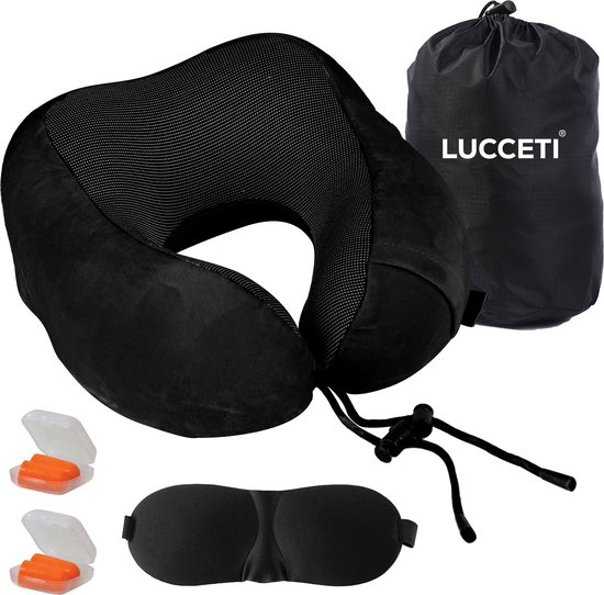 Lucceti - Nekkussen – Premium Nekkussen vliegtuig – Extreem comfortabel nekkussens – Neksteun – Traagschuim – Zwart – Memory Foam – Ergonomisch – Orthopedisch – Vliegtuig / Auto / Thuiswerken