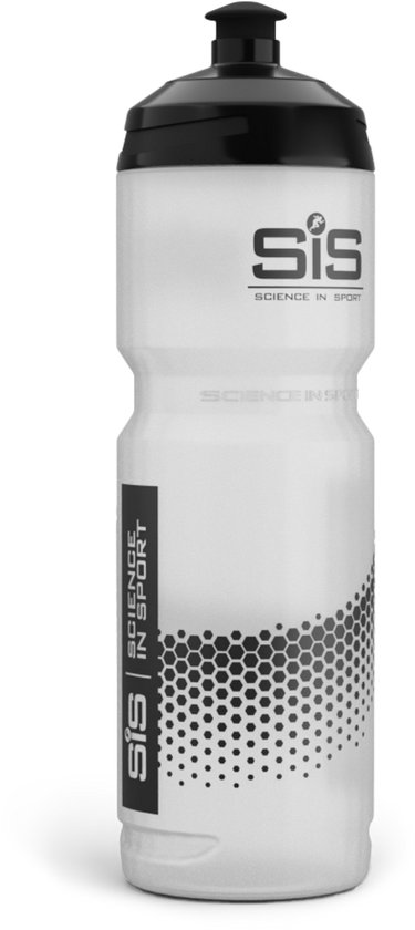 Transparante SIS waterfles met zwarte dop en een honingraatprint in grijs.