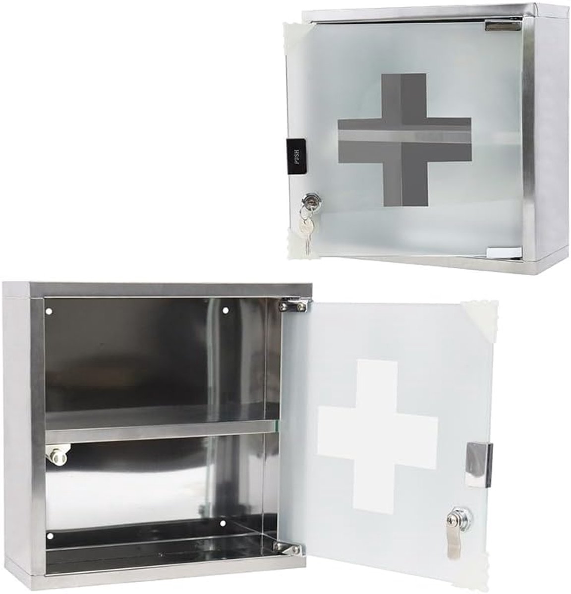 Aufun Roestvrij Stalen Medicijnkast, Afsluitbare Medicijnkast met Glazen Deur, Eerste Hulp Kast, 2 Compartimenten voor Thuis, Zilver, 30x12x30cm