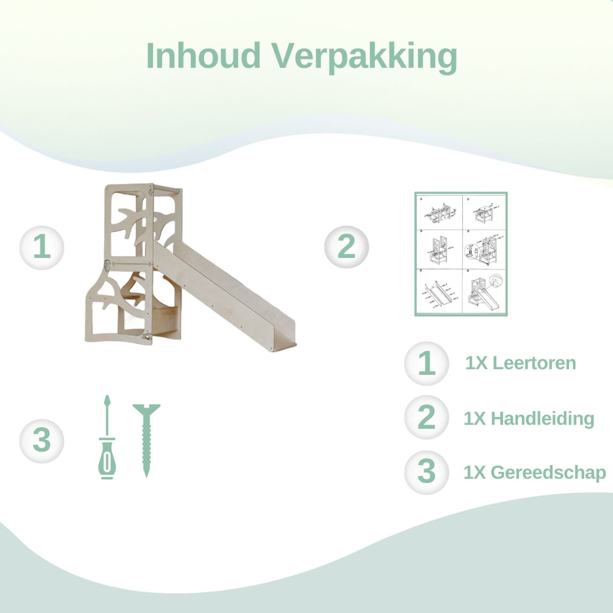 Zonovi Leertoren- Montessori Keukentrap - Learning Tower - Speeltafel - Kindertafel - Kinder trap - Leertoren - Keuken toren - Keukenhulp - Leerstoel - Met Glijbaan - Voor Peuters - Opvouwbaar - Inklapbaar - 3 in 1 - Hout - Inclusief Antislip Strips — afbeelding 9
