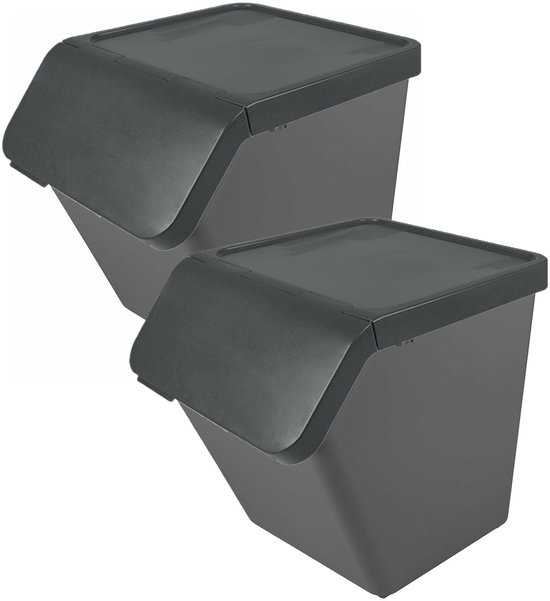 Sunware Sigma Home sorteer bak met deksel - 2x - afvalbak - antraciet - stapelbaar - 60L - 49 x 39 x 45 cm
