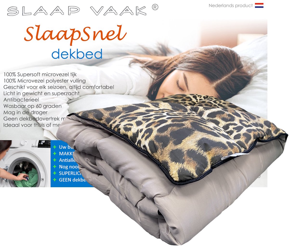 SlaapVaak SlaapSnel Dekbed - Dekbed zonder Overtrek - All Year Dekbed - Hoesloos Dekbed - Anti-Allergisch - Wasbaar - Litsjumeaux - 240x220 cm - Grijs Luipaard