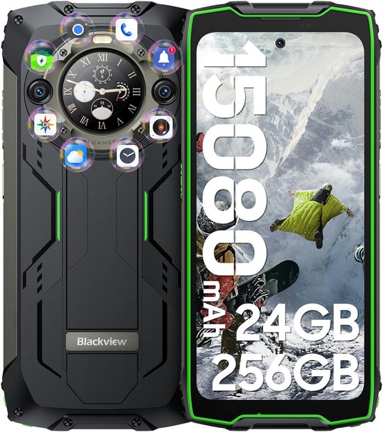 Blackview BV9300 Pro - Robuuste Smartphone - 24(12+12)GB RAM - 256GB - 15080mAh - 120Hz 6.7" FHD - Dual 4G LTE - 64MP+32MP - IP68 Waterdicht - 1.32" Achterkant Dsiplay - NFC - GPS - Groen