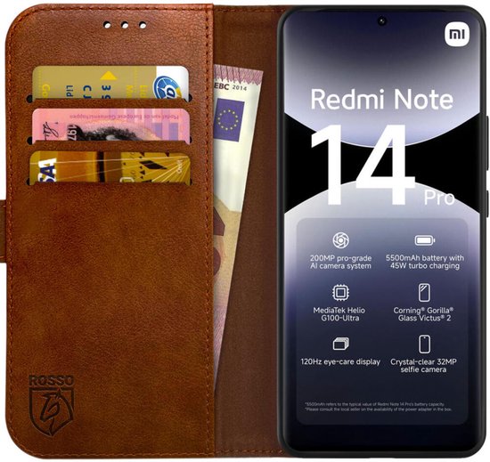 Element Rosso compatible avec Xiaomi Redmi Note 14 Pro 4G | Étui portefeuille | Étui portefeuille | 3 passes | Fermeture magnétique | Fonction de support | Marron