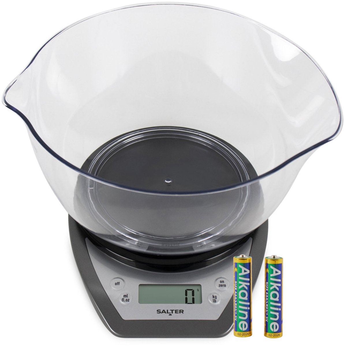 Salter 1024 SVDR14 Digitale Keukenweegschaal Met Kom - 2L Vaatwasserbestendige Mengkom, Gemakkelijk Dubbele Gietmondingen Breed & Smal, Toevoegen & Wegen, Gemakkelijk Af te Lezen, 5kg, Zilver