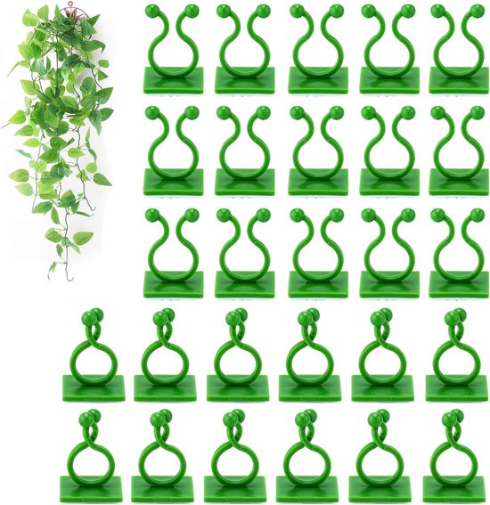 Groene plantenklemmen in twee stijlen, georganiseerd in rijen op een witte achtergrond.