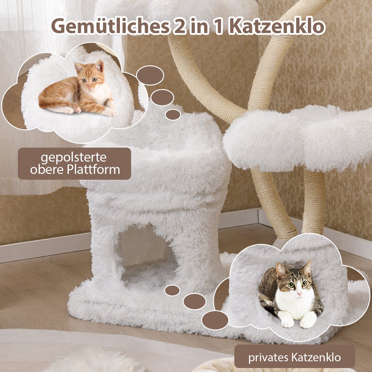 COSTWAY 165 cm krabpaal van hout, kattenboom met 4 warme ligvlakken, kattenmand en sisalstammen, klimboom, kattenkrabpaal groot, kattentoren met metalen frame, kattenmeubel voor katten – foto 3