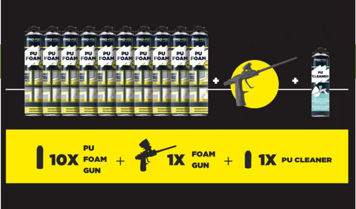 Pro-Fix PU Foam Gun Pack – 10 Bussen PU Schuim, 1 PU Cleaner, 1 PU Schuimpistool – Voor Afdichten en Isoleren