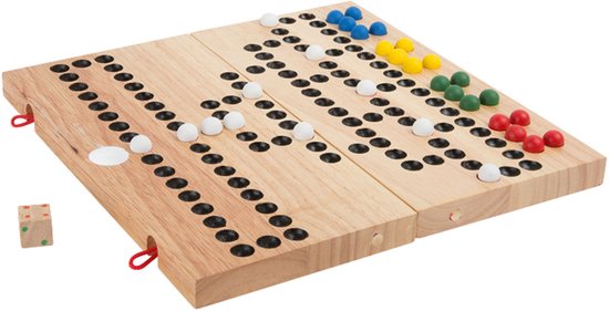Houten speelbord met rode, blauwe, gele en groene pionnen, witte pionnen en een dobbelsteen.