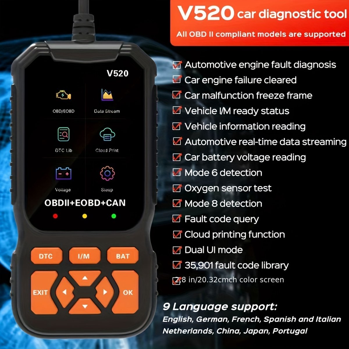 Dutchers® OBD2 Scanner V520 – Professionele Auto Diagnose Tool met 2.8” Kleurenscherm – Foutcodes Lezen & Wissen – Live Data & Accu Check – Plug & Play – 2025 OBDII Scanner Nederlands thumbnail 7
