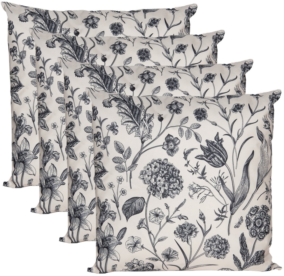 Anna's Collection Sierkussen voor binnen en buiten - 4x - vintage flowers - creme wit - 60 x 60 cm - tuinkussen