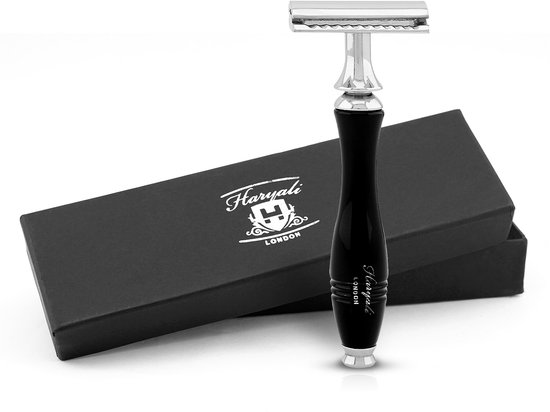 Haryali London Double Edge Safety Razor voor mannen en vrouwen - Metallic Double Edge Razor - Gegroefde grip - Herbruikbaar scheermes - Zwart - Past op alle DE-mesjes