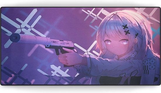 XXL muismat met anime-stijl meisje met zilveren pistool, paarse achtergrond met geometrische patronen.