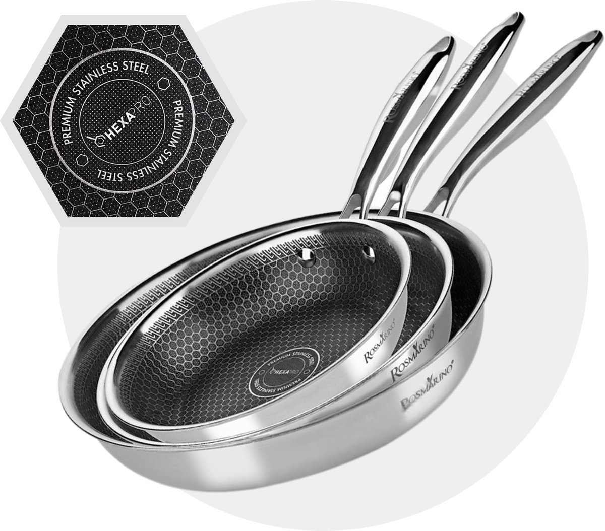 Rosmarino HexaPRO Pannenset 3delig - Koekenpannen - Pannen - 20/24/28 cm - RVS - Geschikt voor alle warmtebronnen