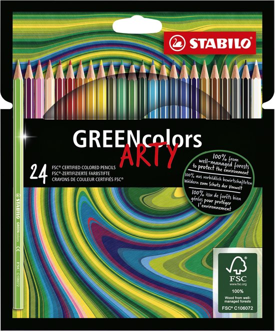 Verpakking met 24 STABILO GREENcolors ARTY kleurpotloden, diverse kleuren en FSC logo.