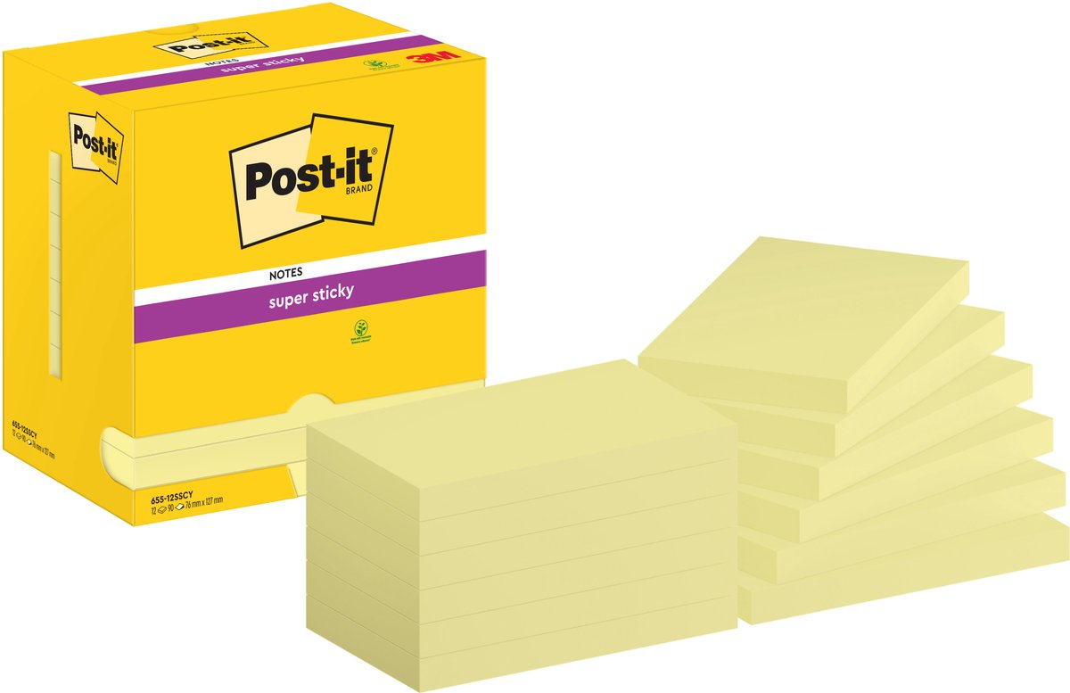 Post-It Super Sticky Notes, 3 in x 5 in, Canary Yellow, 12 Pads/Pack zelfklevend notitiepapier Geel 90 vel Zelfplakkend