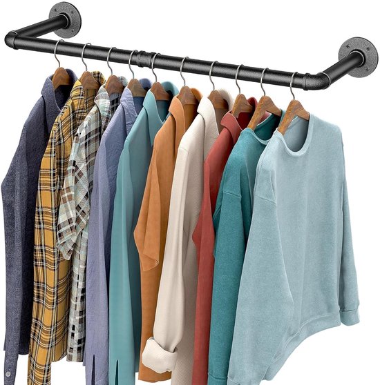 BOTC Kledingstang voor aan de Muur - Stalen Kledingroede – Kledingrek - 92.5 x 26.5 CM – Zwart