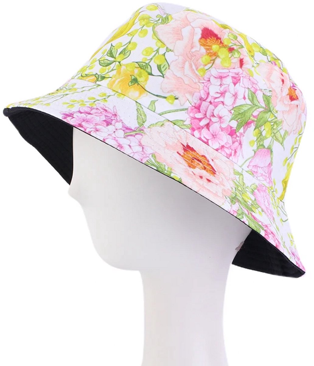 Bucket Hat - Omkeerbaar Vissershoedje - Dubbellaags - Hortensias Wit - Reversible naar Zwart - Maat 58 cm - Heren - Dames - Festival Accessoire - Festivalhoedje - Regenhoedje - Zonnehoedje - Emmerhoed - Hoed - Unisex