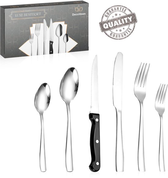 6-delig luxe bestekset in doos, met lepels, vorken, steakmessen en een mes.