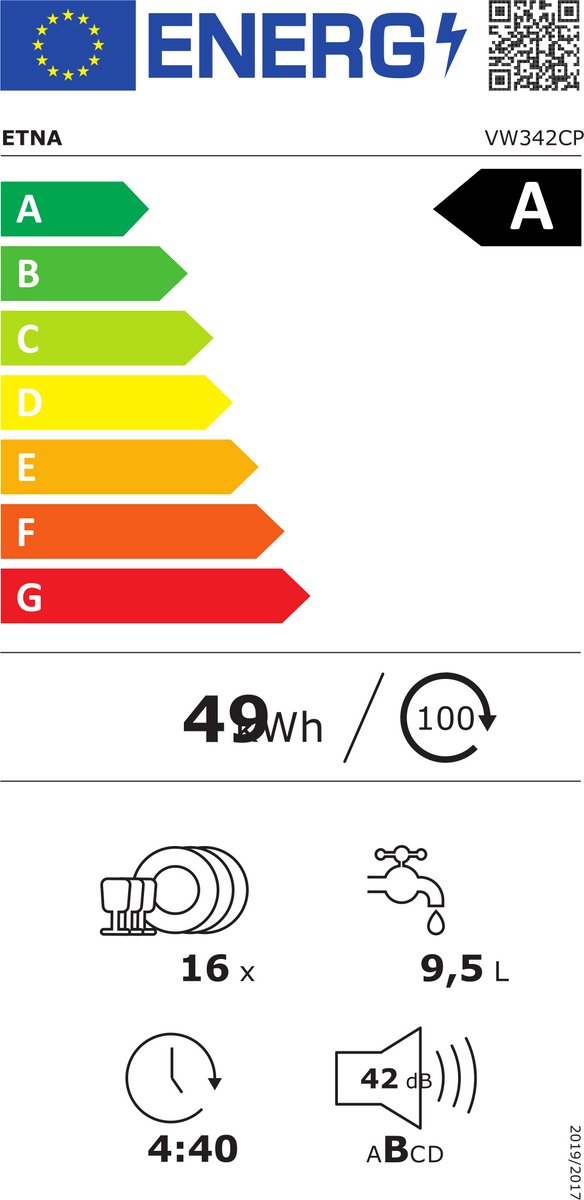 ETNA VW342CP – Volledig geïntegreerde vaatwasser – 16 couverts – Energieklasse A -10% – 42 dB – Nachtprogramma – ConnectLife – Automatische deuropening – 60 cm — afbeelding 3