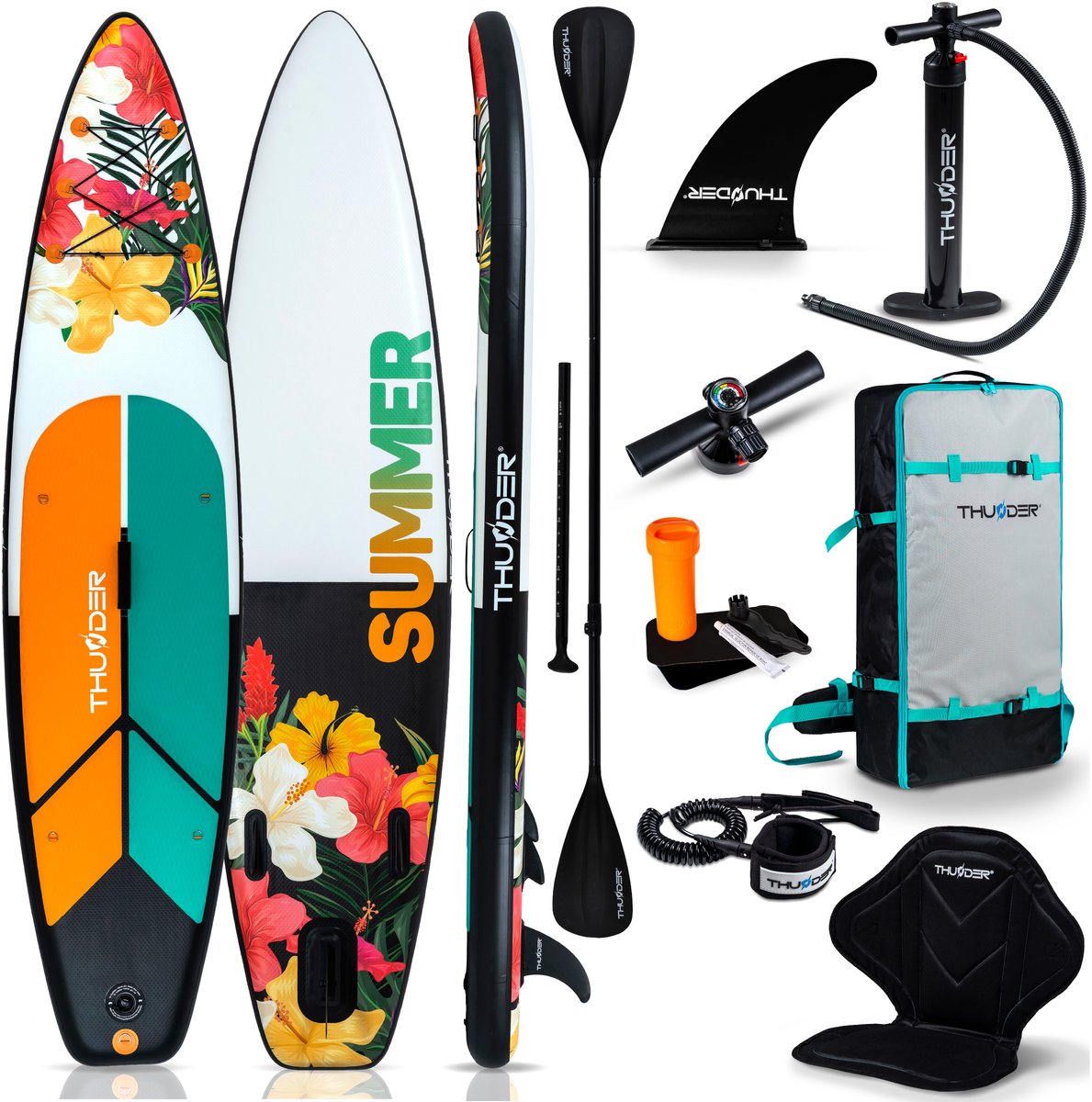 THUNDER® SUP Board | NOX | 320x75x15cm | Opblaasbaar Paddle Board | Max. 150 kg | Complete Set | Witte-Zwarte-Bloemen |