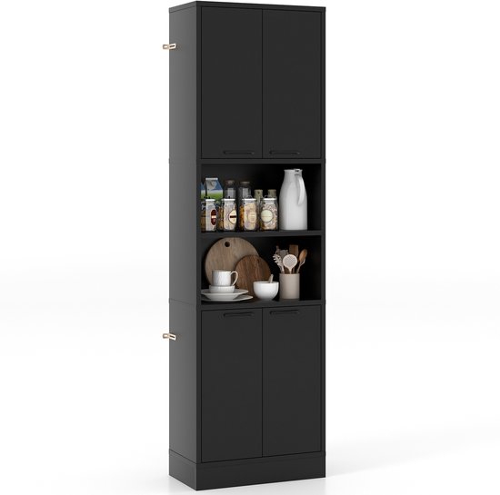 COSTWAY Keukenkast, 190 cm hoog, hoge kast met deuren, planken, veiligheidsscharnieren en kantelbeveiliging, dressoir, vrijstaand, multifunctionele kast voor eetkamer, woonkamer