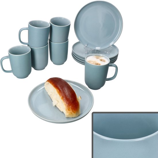 Service petit-déjeuner Jasper en grès gris-bleu, 12 pièces, pour 6 personnes - 6x 414110 + 6x 414165