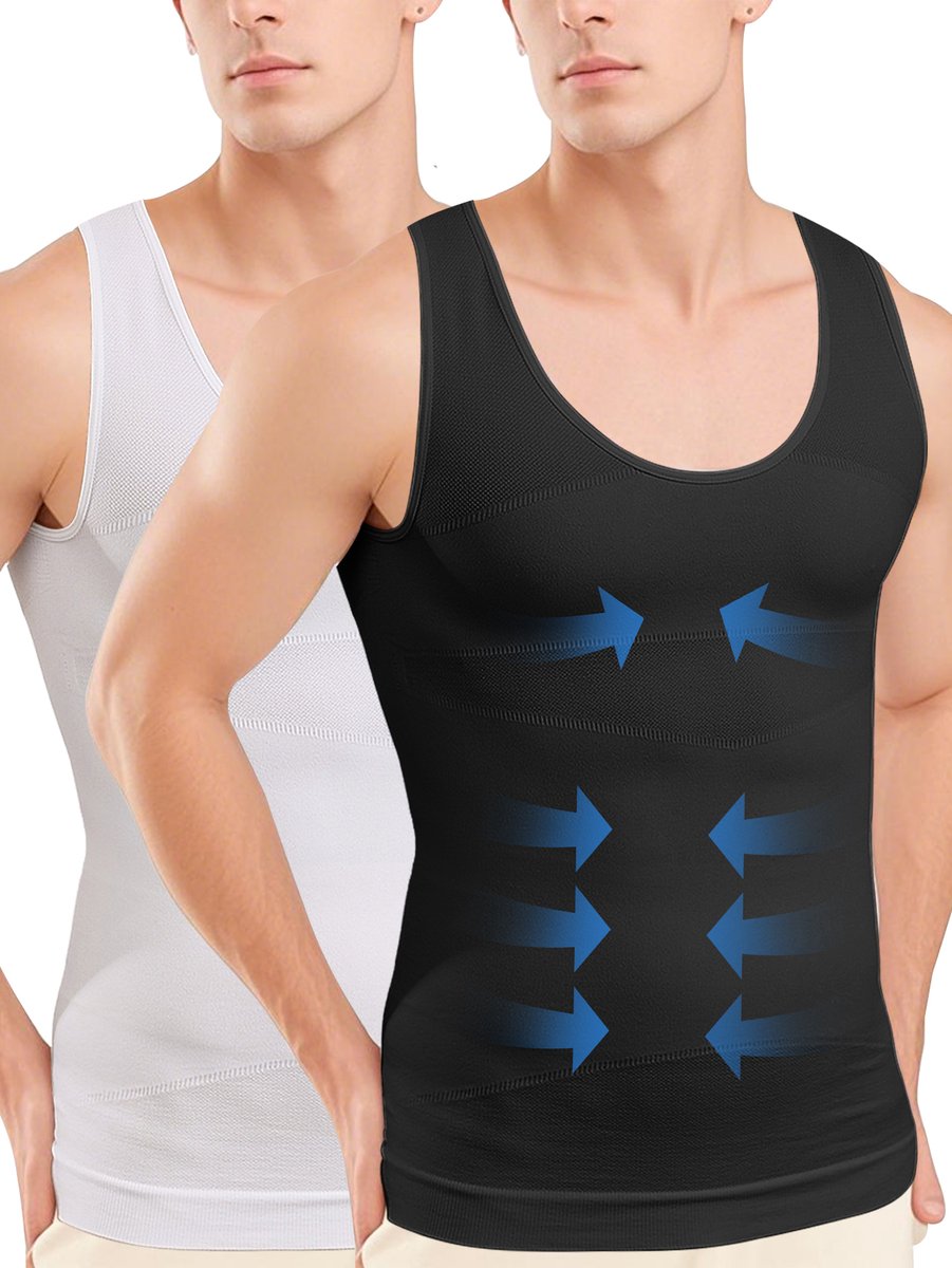MEETHOO 2 Artikelen Corrigerend Shirt Mannen Shapewear Hemd Corrigerend Hemd Mannen - Body Buik Shapewear Shirt - Slim Waist Shaper - Mode - Body Shaper - Mouwloos Naadloos-Zwart+Wit-XL