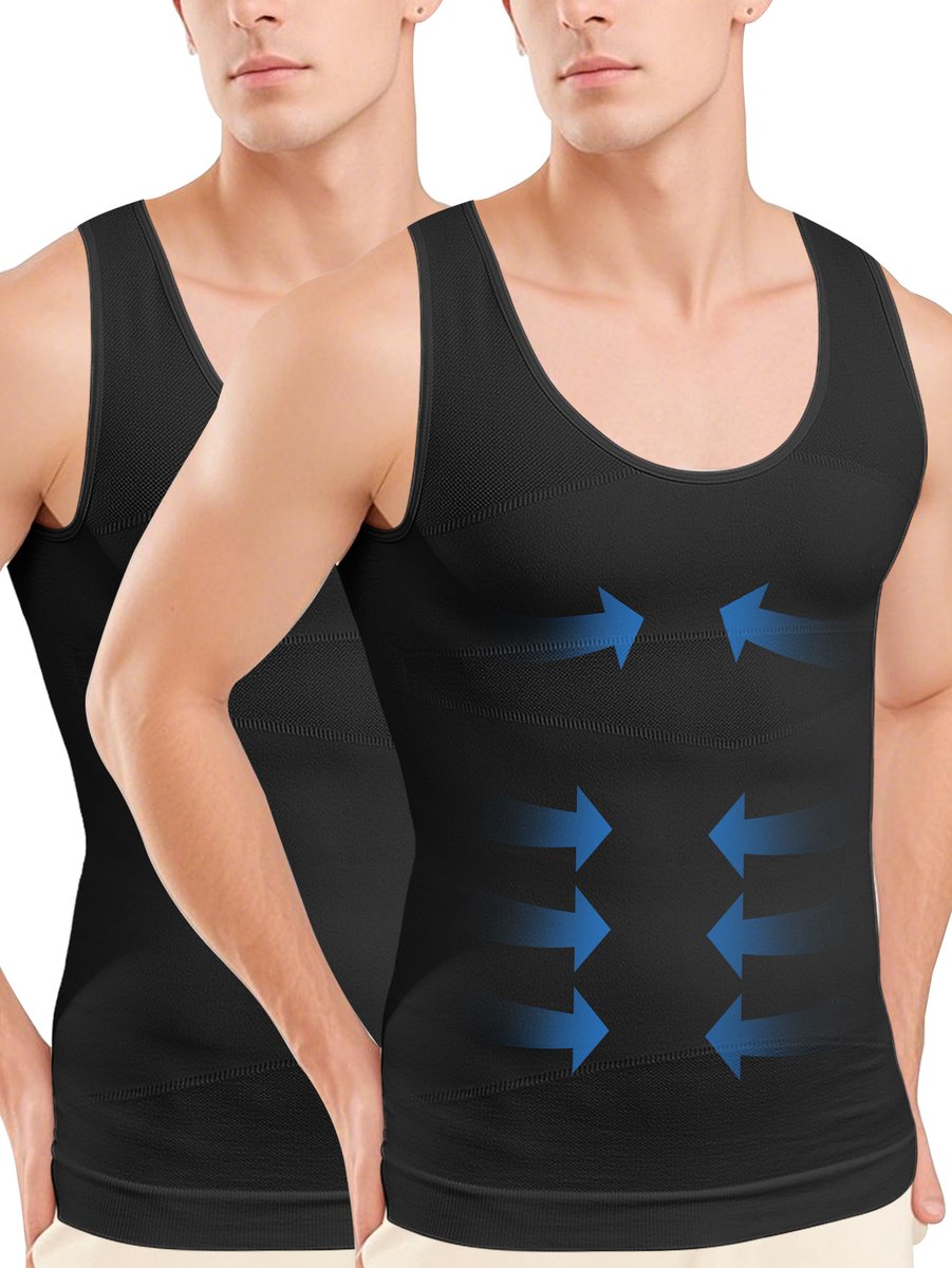 MEETHOO 2 Artikelen Corrigerend Shirt Mannen Shapewear Hemd Corrigerend Hemd Mannen - Body Buik Shapewear Shirt - Slim Waist Shaper - Mode - Body Shaper - Mouwloos Naadloos-Zwart-XXL