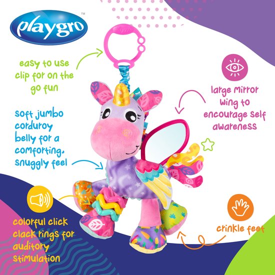 Playgro Activity Friend Stella Unicorn - Baby Speelgoed - Hangspeeltje - Kinderwagenspeeltje - Rammelaar - Kinderwagenaccessoire - Buggyaccessoire- - Educatief Speelgoed - Knuffeldier van Playgro — afbeelding 4