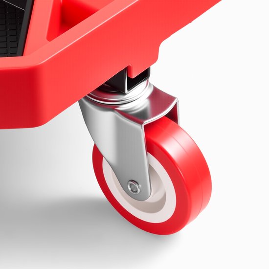 Gedetailleerde opname van een rood frame en een rood/wit wiel van een werkplaatskruk.