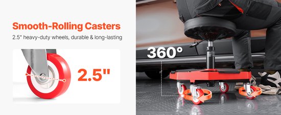 Monteur zittend op een werkplaatskruk, close-up van 2.5" zwenkwielen en 360 graden rotatie-indicatie.