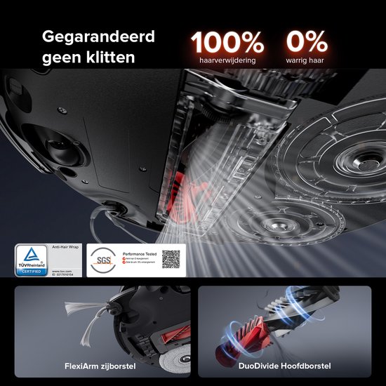 Roborock stofzuiger met anti-haarwikkeltechnologie en FlexiArm zijborstel met Duofivide Hoofdborstel.