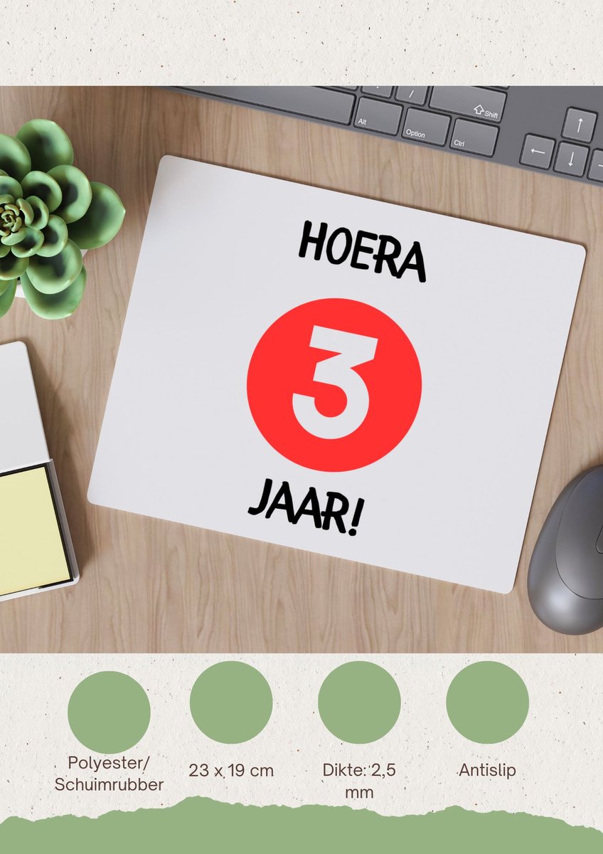 Image of Akyol - hoera 3 jaar Muismat - Verjaardag - jarigen - verjaardagscadeau - peuter - happy birthday - 23 bij 19 cm