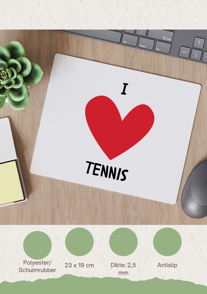 Image of Akyol - ik hou van tennis Muismat - Tennis - tennisers - sport - cadeau voor een tennisser - tennisster - 23 bij 19 cm