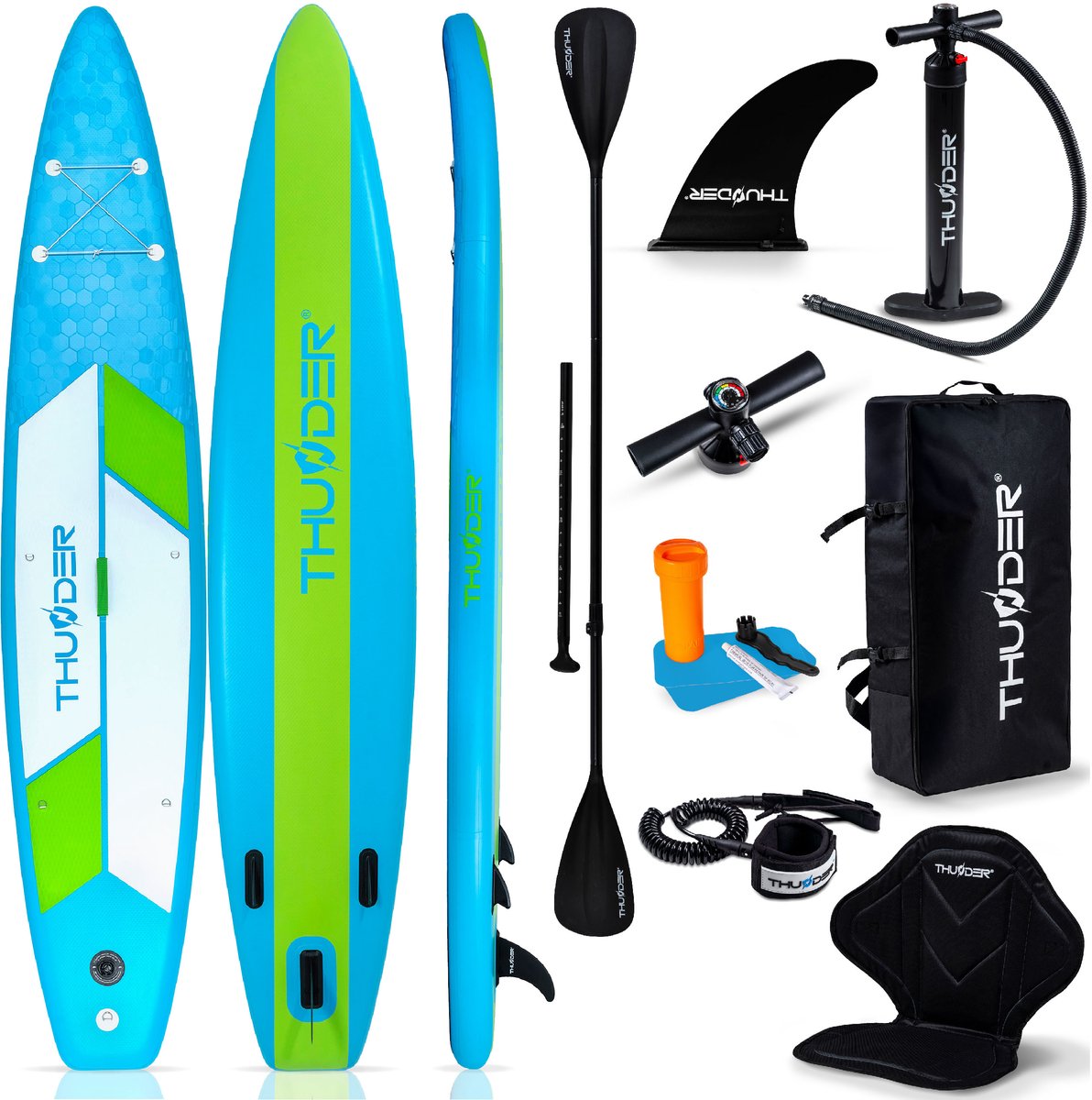 THUNDER® SUP Board | ITTO | 380x75x15cm | Opblaasbaar Paddle Board | Max. 150 kg | Complete Set | Blauw-Groen |