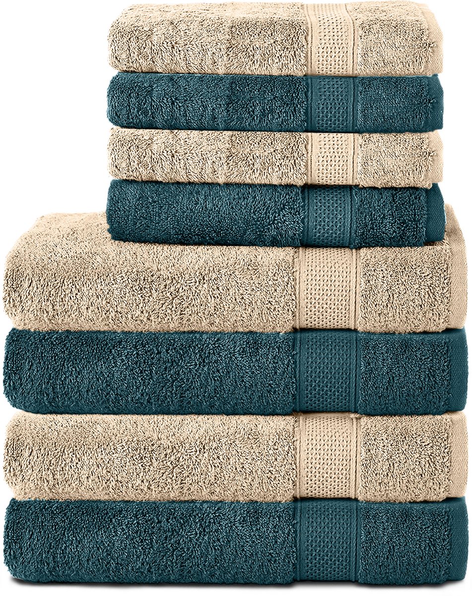 Komfortec Handdoekenset – Set van 8 - 4x Handdoek 50x100 cm en 4x Badhanddoek 70x140 cm - 100% Katoen - Petroleumblauw&Beige