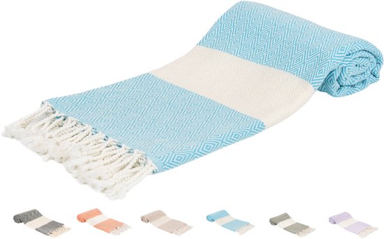 Turquoise hamamdoek met wit-beige band en diamantpatroon, met franjes. Kleurenvarianten onderaan.