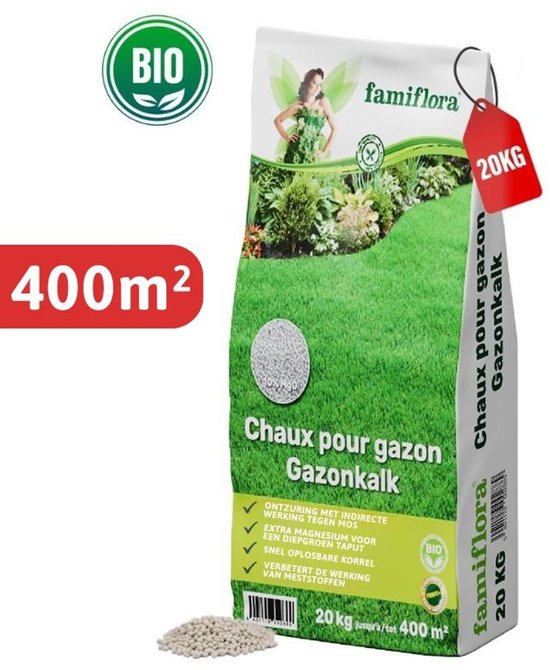 Famiflora Gazonkalk 20 kg tot 400 m² (Bio) met magnesium voor donkergroen gazon - Kalk voor Gazon - Werkt indirect tegen mos - Snel oplosbaar - groenkalk