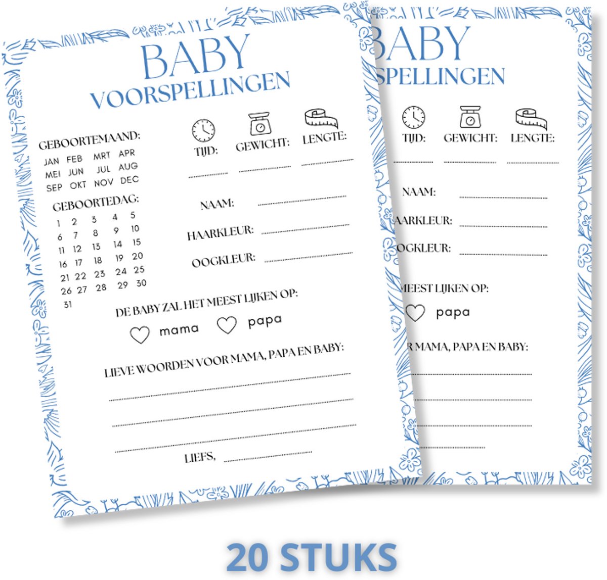Babyshower Invulkaarten 20 Stuks - Babyshower Voorspellingskaarten - Babyshower Kaarten Jongen - Babyshower Spelletjes