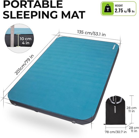 Zachte zelfopblazende slaapmat voor 2 personen, 10 cm dik, campingmat met R-Value 8,7, comfortabel en duurzaam voor buitentent en reizen van Quechua — afbeelding 2