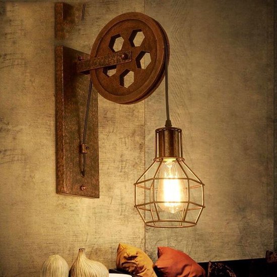 Adembenemende Rustieke Pulley Wanddecoratie Lamp Houder | bol.com