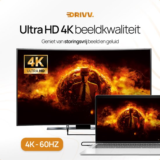 TV et ordinateur portable affichant une 'Qualité d'image Ultra HD 4K' avec un décor enflammé.