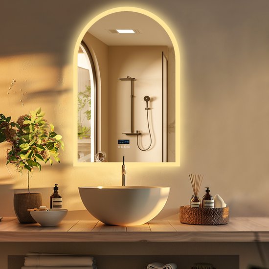 Miroir de salle de bain LUVODI avec éclairage LED - miroir mural 600x900mm avec éclairage - Enceintes Bluetooth - rétroéclairage 3 couleurs dimmable - anti-condensation - fonction mémoire - affichage intelligent de la température de l'heure