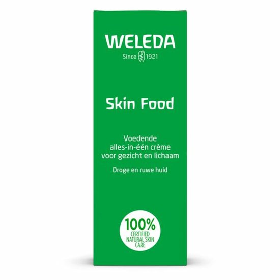 WELEDA Skin Food doos, groen met witte dop. "Voedende alles-in-één crème voor gezicht en lichaam. Droge en ruwe huid."